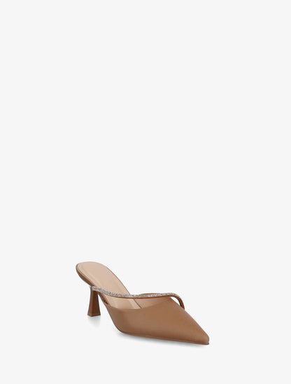 Mules satinées à strass et bouts pointus - Camel - 2