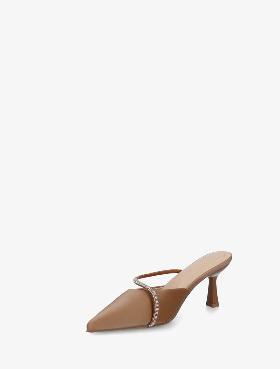 Mules satinées à strass et bouts pointus - Camel - 3