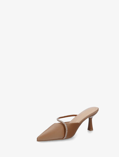 Mules satinées à strass et bouts pointus - Camel - 3