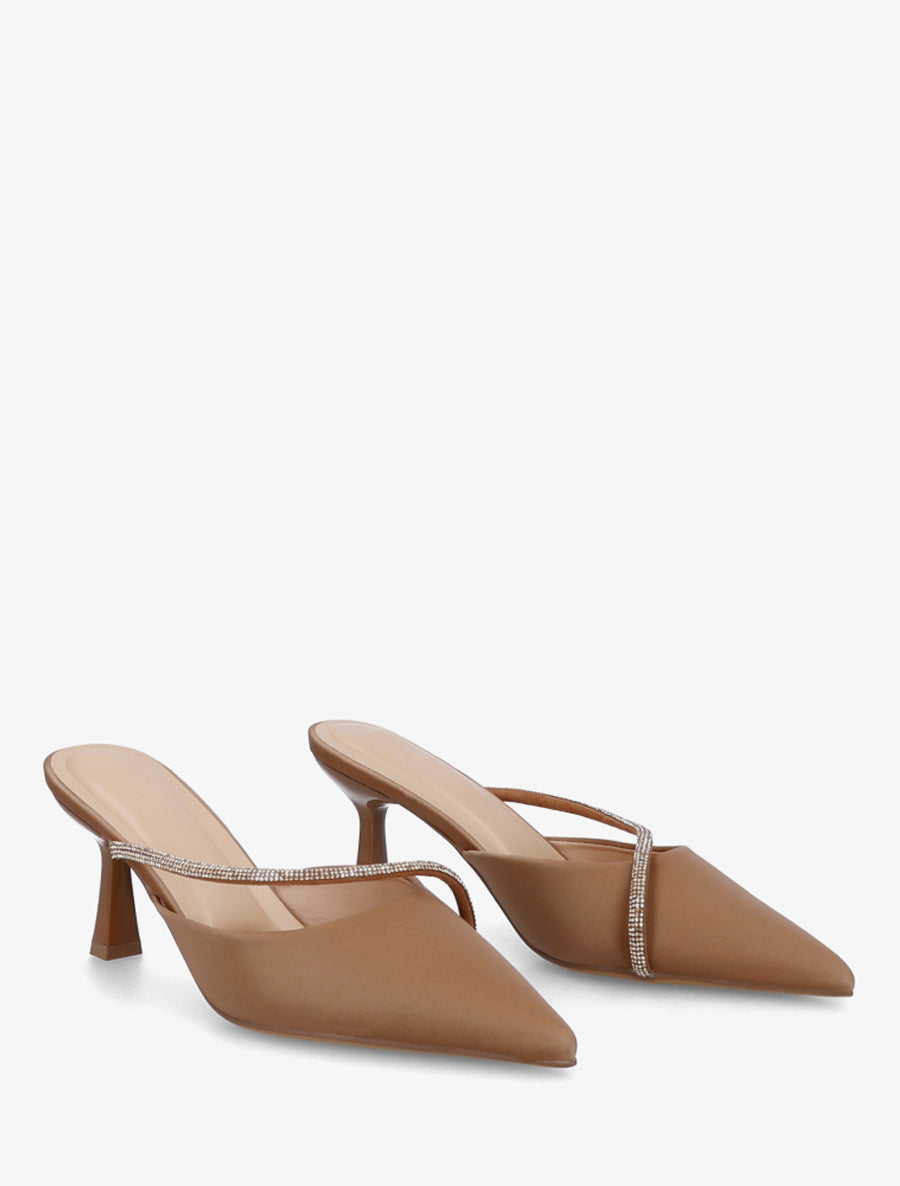 Mules satinées à strass et bouts pointus - Camel - 4