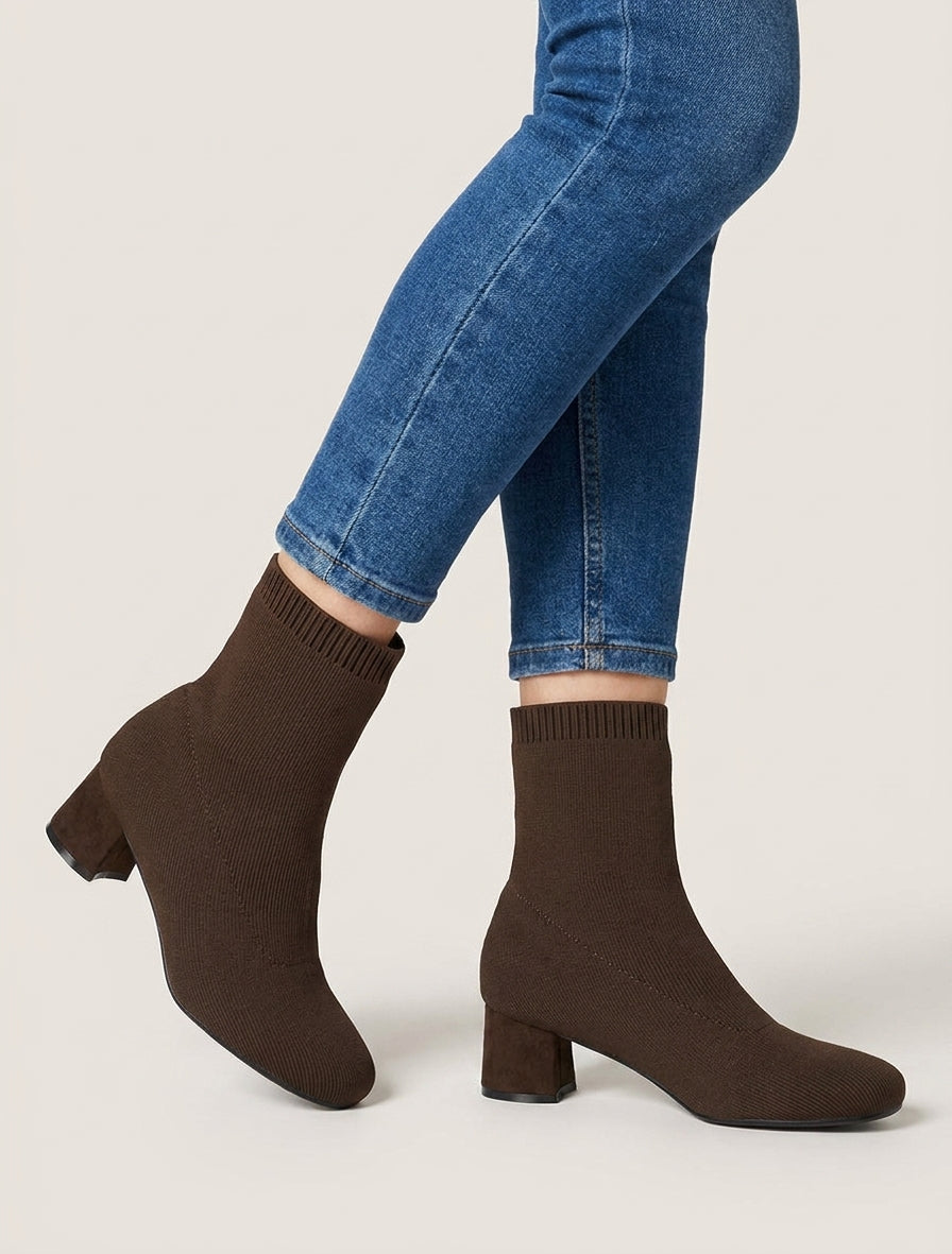 Bottines style chaussettes en tissu côtelé - Marron