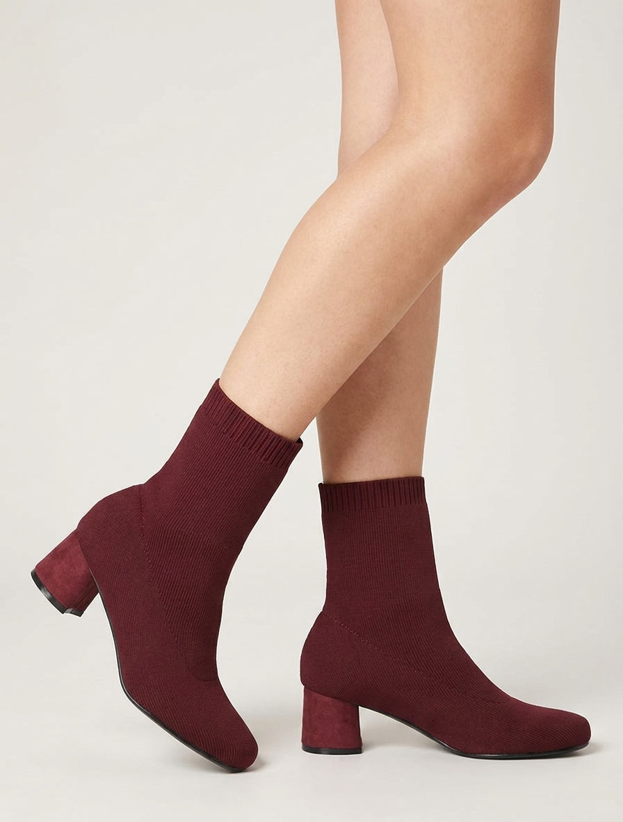 Bottines style chaussettes en tissu côtelé - Bordeaux