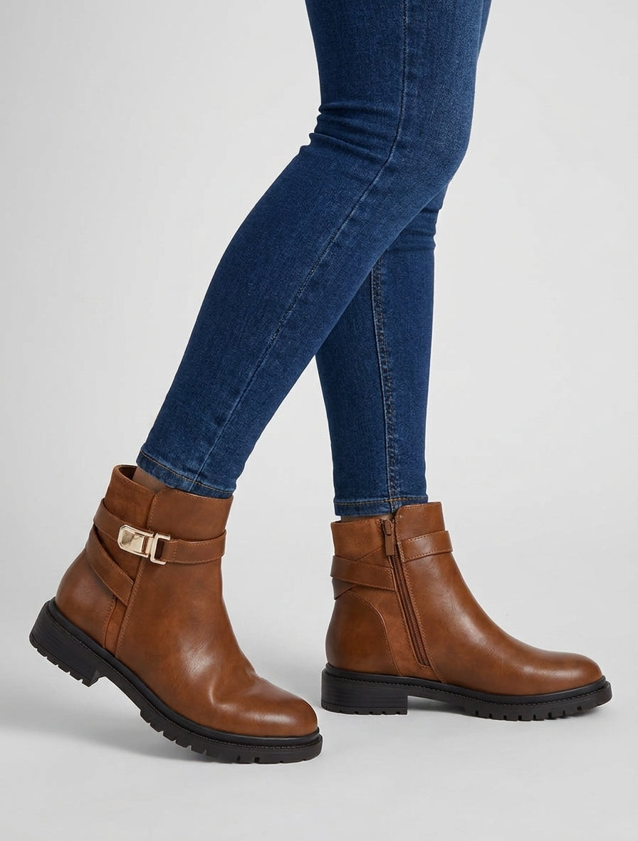 Bottines en simili à empiècement en suédine - Camel