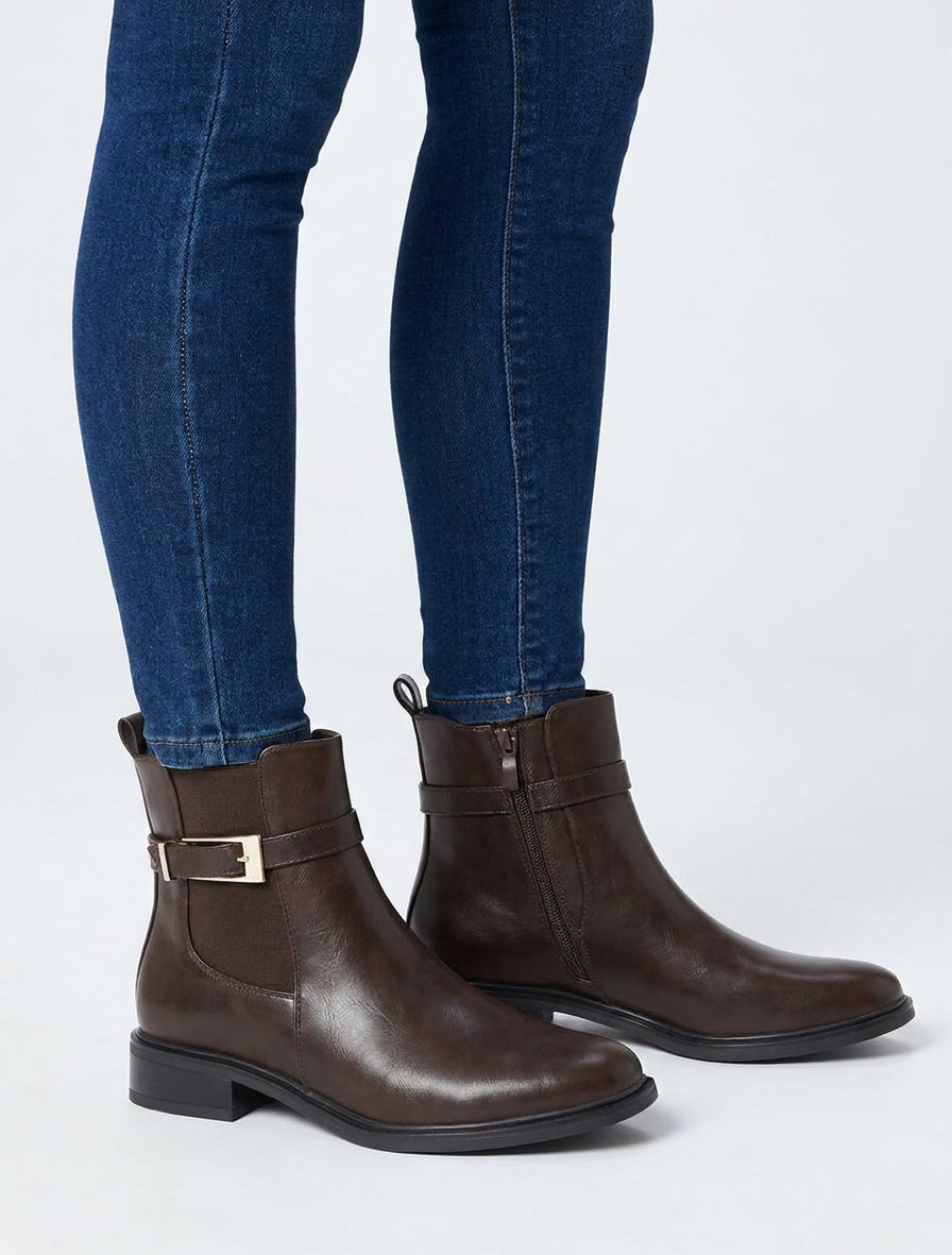 Bottines en simili à cheville élastiquée - Marron