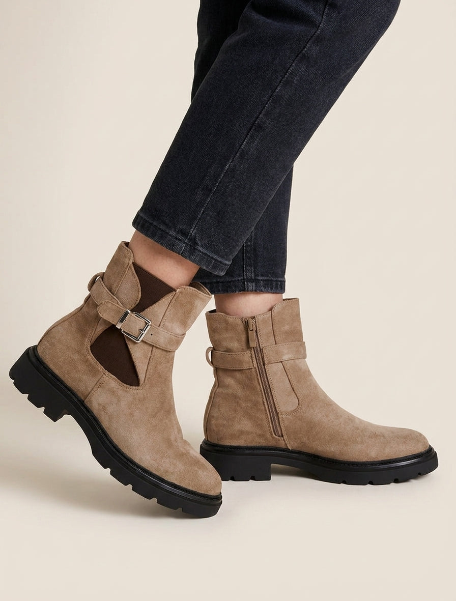 Bottines élastiquées en suédine à boucle - Taupe