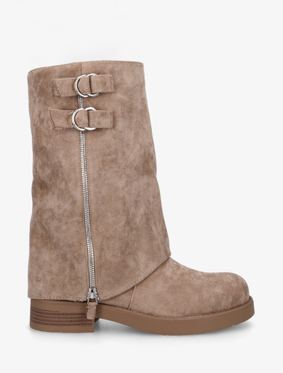 Bottines renversées en suédine à zip décoratif - Taupe - 1