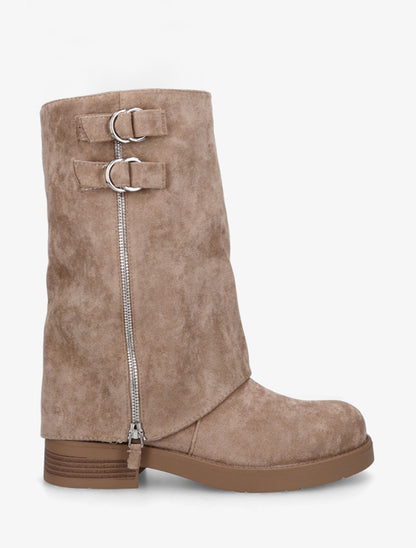 Bottines renversées en suédine à zip décoratif - Taupe - 1