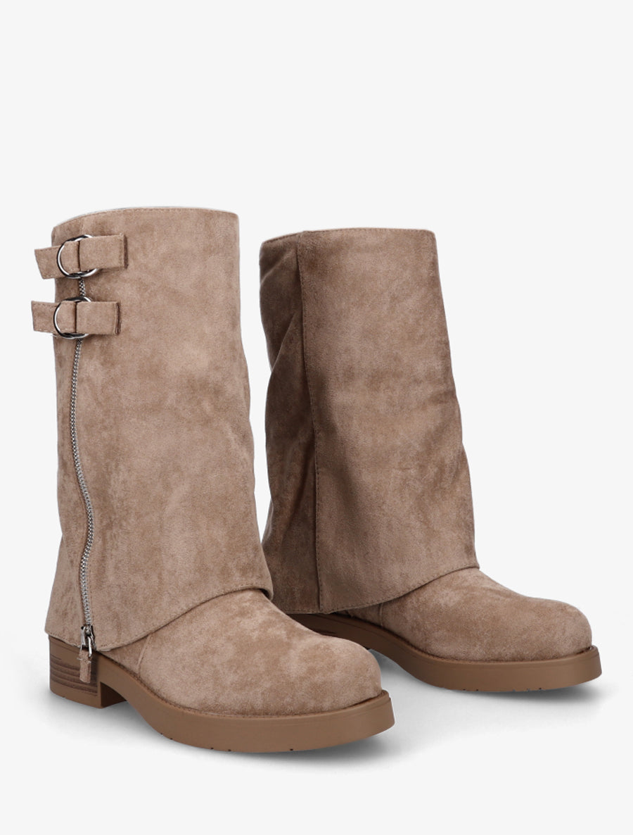 Bottines renversées en suédine à zip décoratif - Taupe - 4