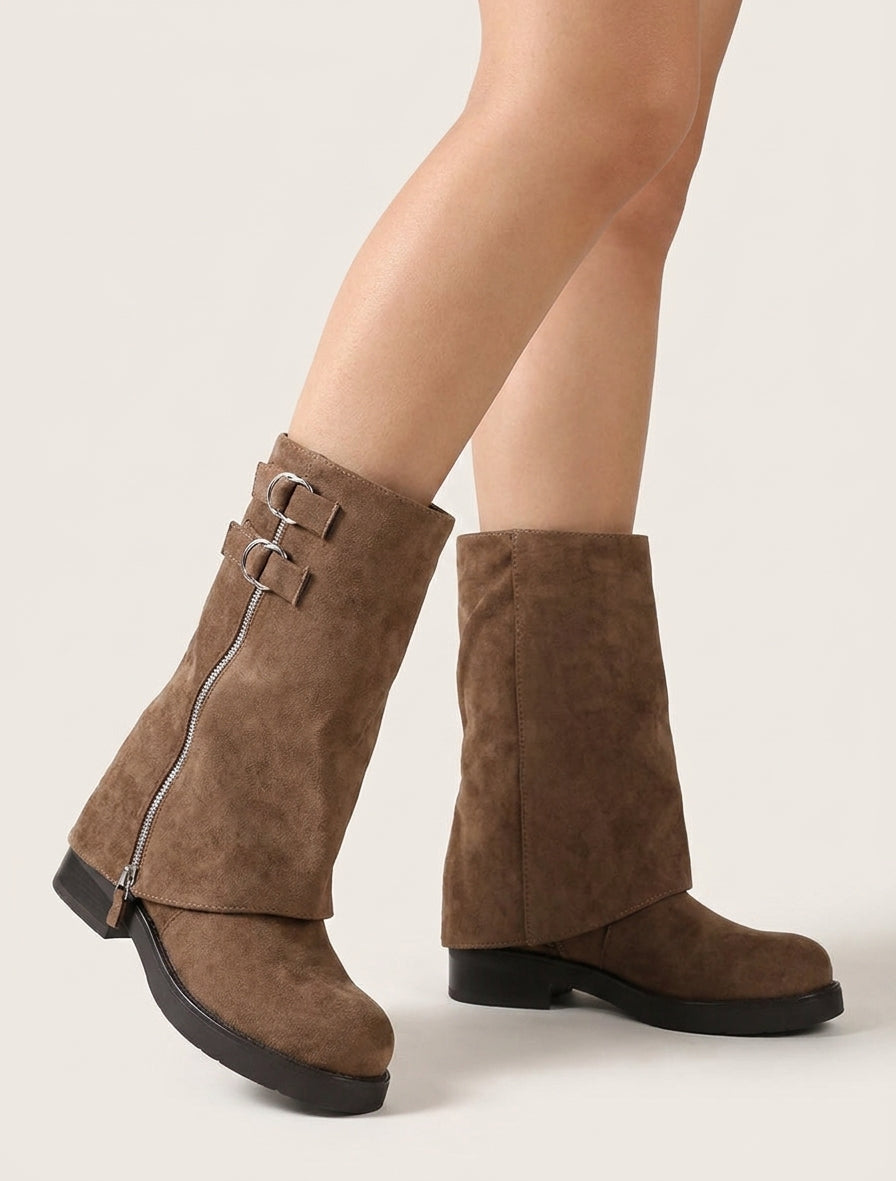 Bottines renversées en suédine à zip décoratif - Marron clair