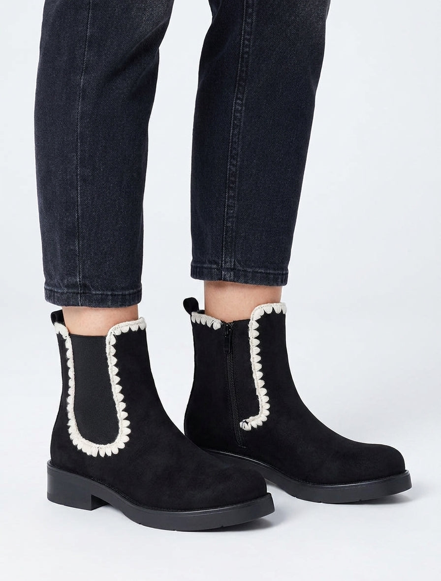 Bottines suédine élastiquées à broderies - Noir