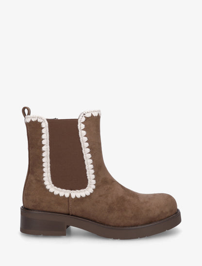 Bottines suédine élastiquées à broderies - Marron - 1
