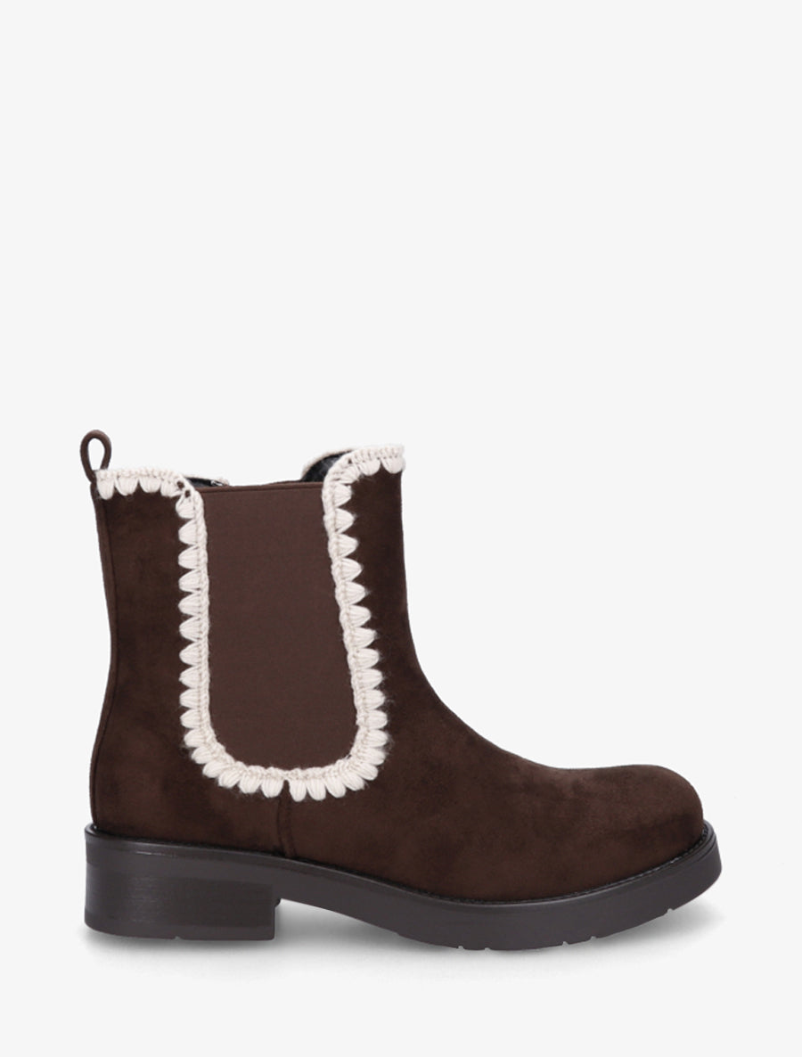 Bottines suédine élastiquées à broderies - Chocolat - 1