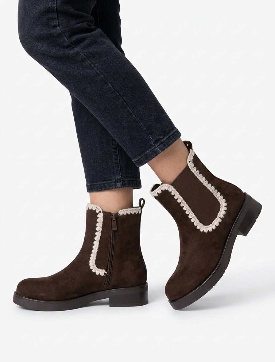 Bottines suédine élastiquées à broderies - Chocolat
