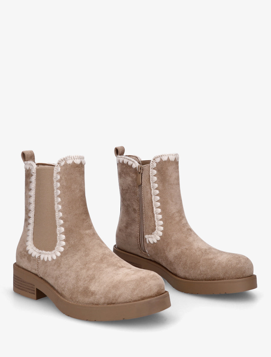 Bottines suédine élastiquées à broderies - Taupe - 4