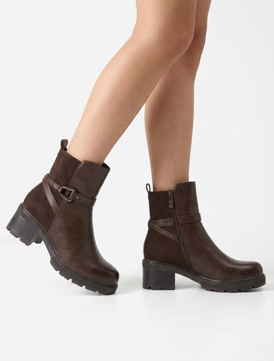 Bottines unies en simili et suédine - Marron