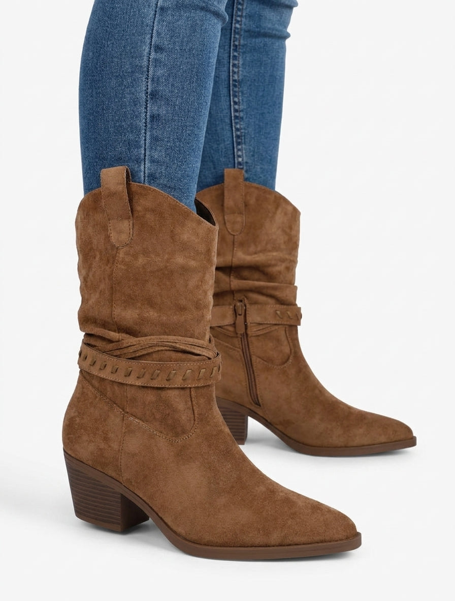 Bottines en suédine style santiags - Camel