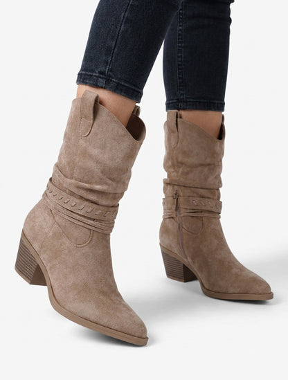 Bottines en suédine style santiags - Taupe