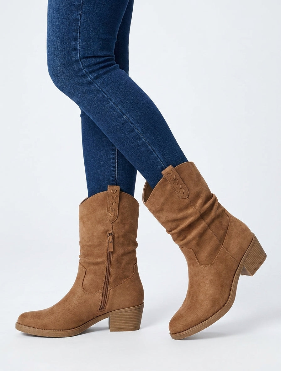 Bottines en suédine à bouts ronds - Camel