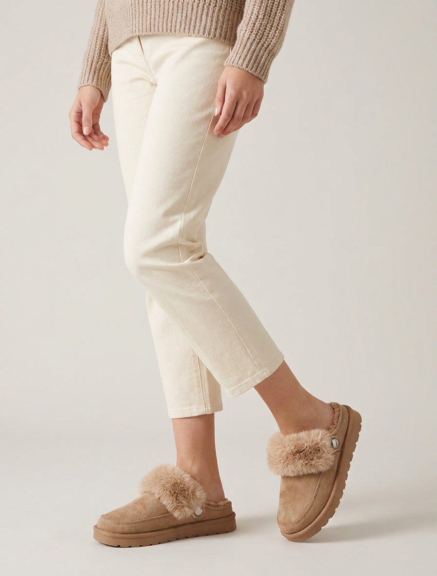 Mules plates fourrées - Beige foncé