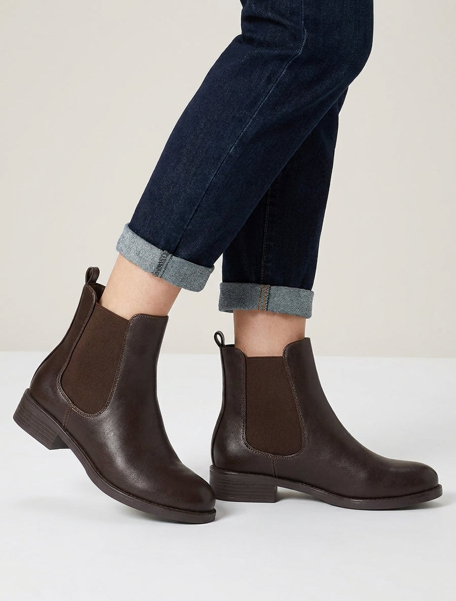 Bottines en simili à cheville élastiquée - Marron