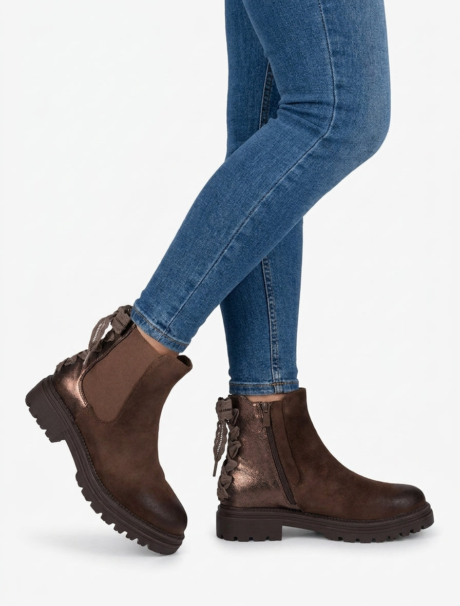Bottines à contrefort irisé et detail lacet en crochet - Marron