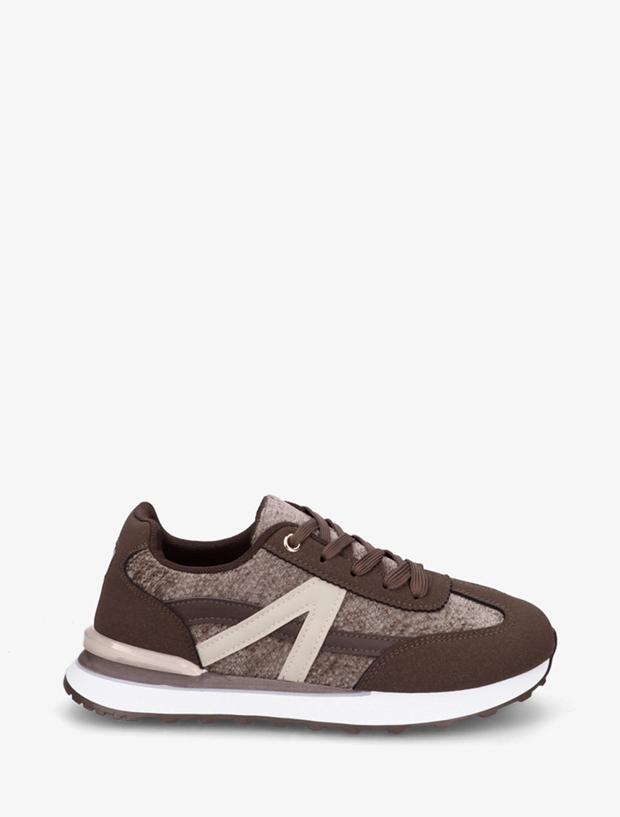 Baskets effet nubuck et tissu empiècement en V - Marron - 1