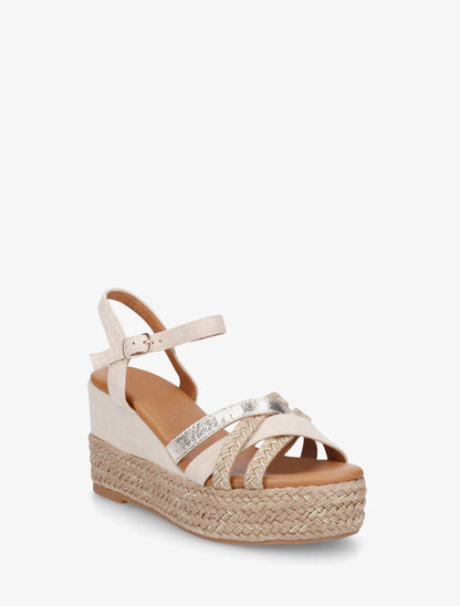 Sandales compensées brides raphia et simili - Beige - 2