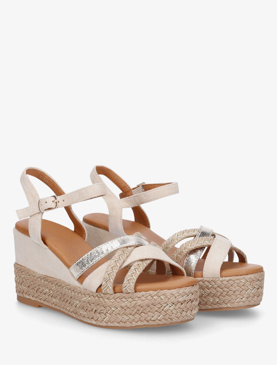 Sandales compensées brides raphia et simili - Beige - 4