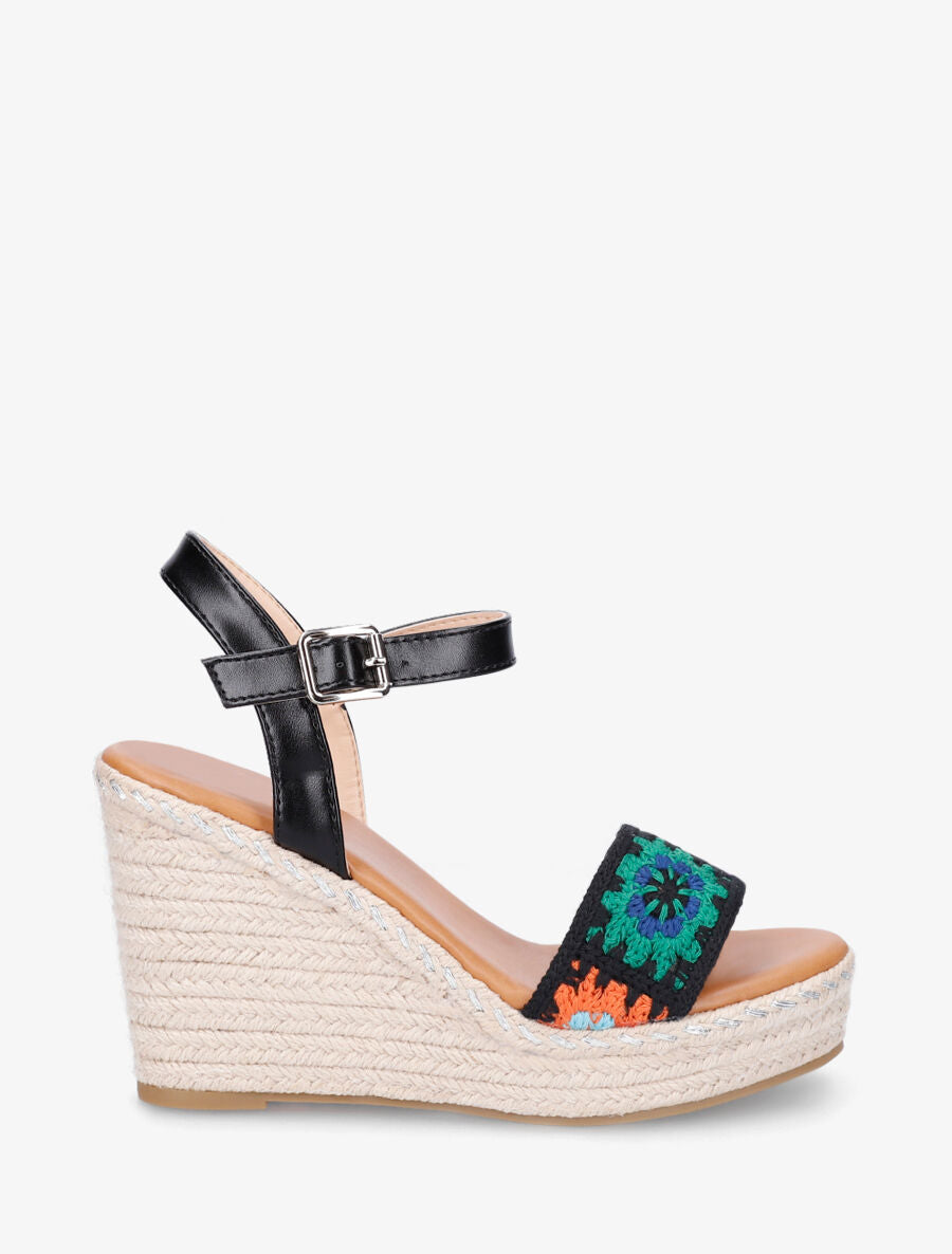 Sandales compensées à bride imprimé floral - Noir - 1