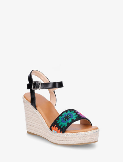 Sandales compensées à bride imprimé floral - Noir - 2