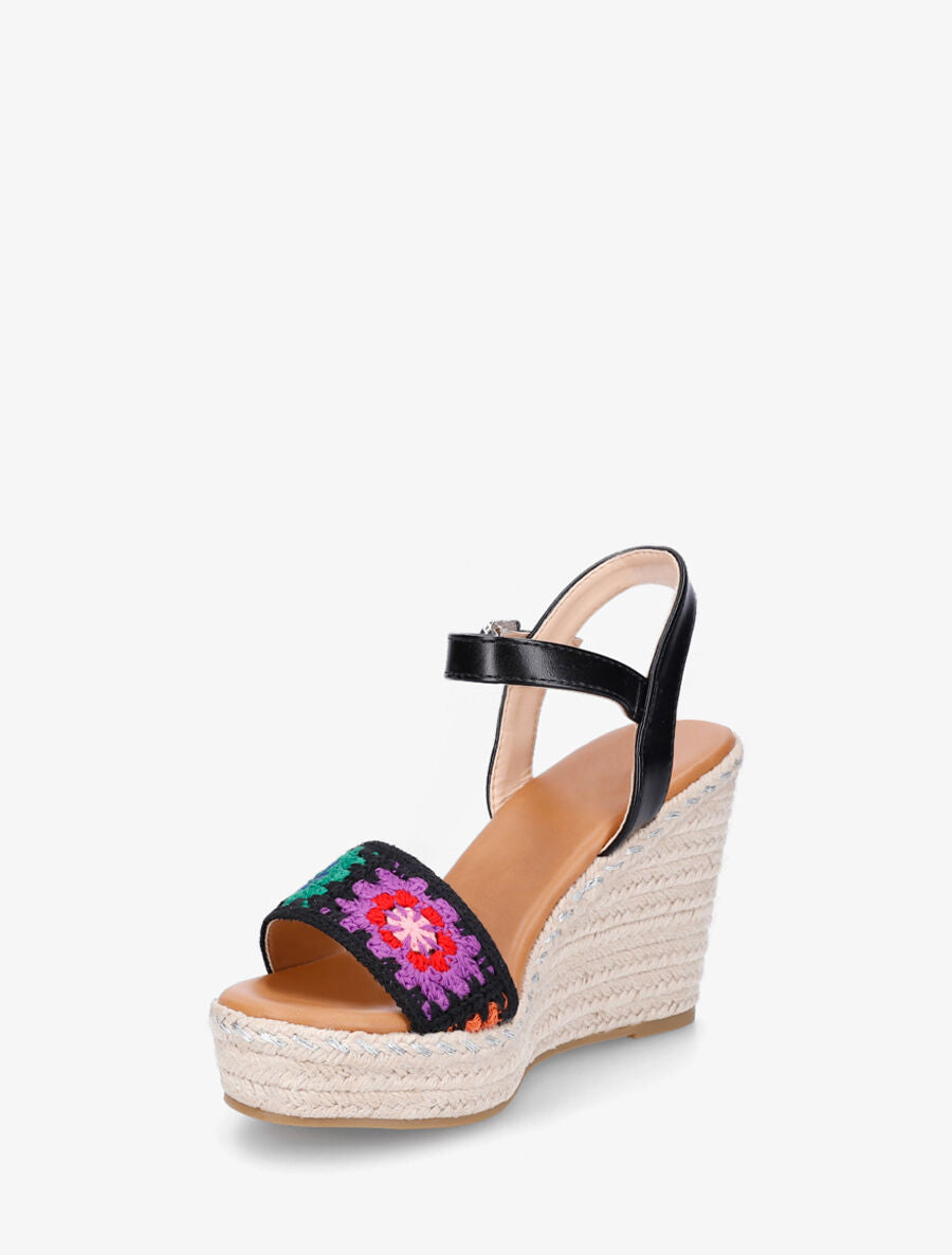 Sandales compensées à bride imprimé floral - Noir - 3