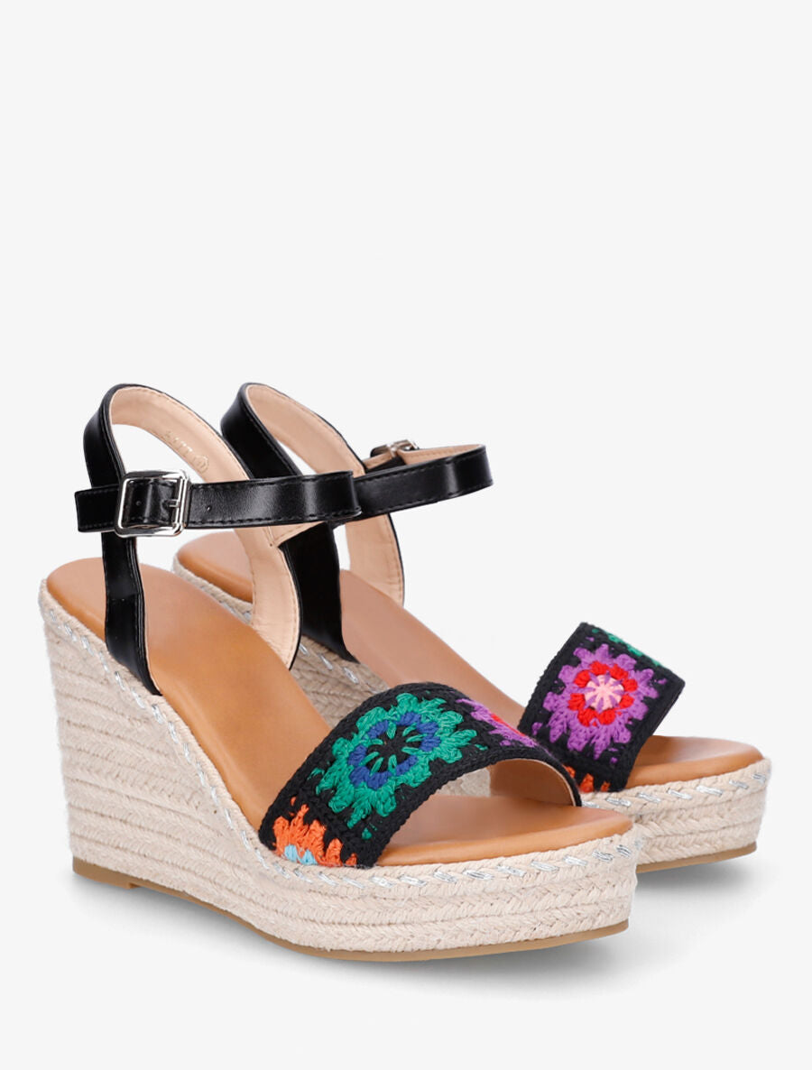 Sandales compensées à bride imprimé floral - Noir - 4