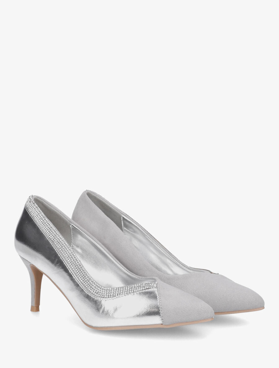 Escarpins bi-matière à bande strassée - Argent - 4