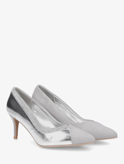 Escarpins bi-matière à bande strassée - Argent - 4