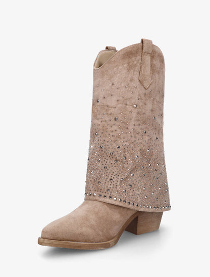 Bottines style santiags à revers strassé - Taupe - 3