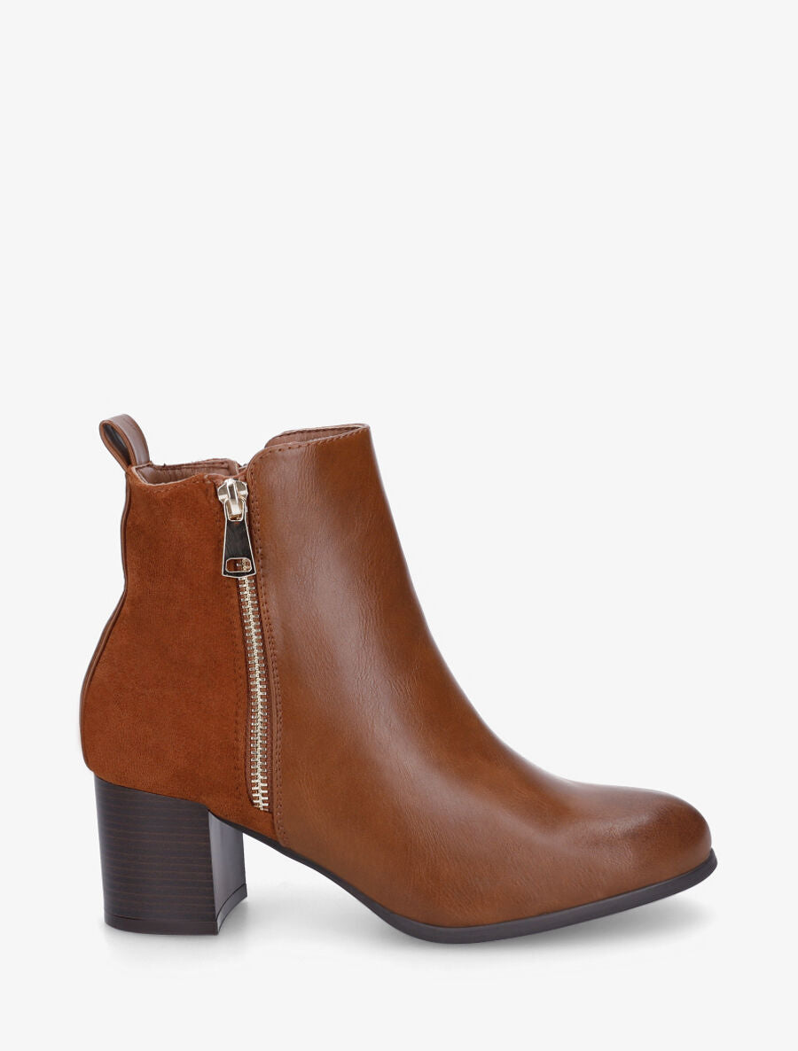 Bottines en simili et suédine à zip décoratif - Camel - 1