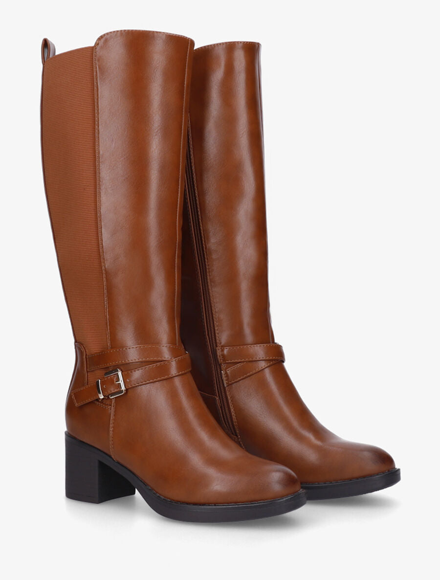 Bottes élastiquées en simili à talon - Camel - 4