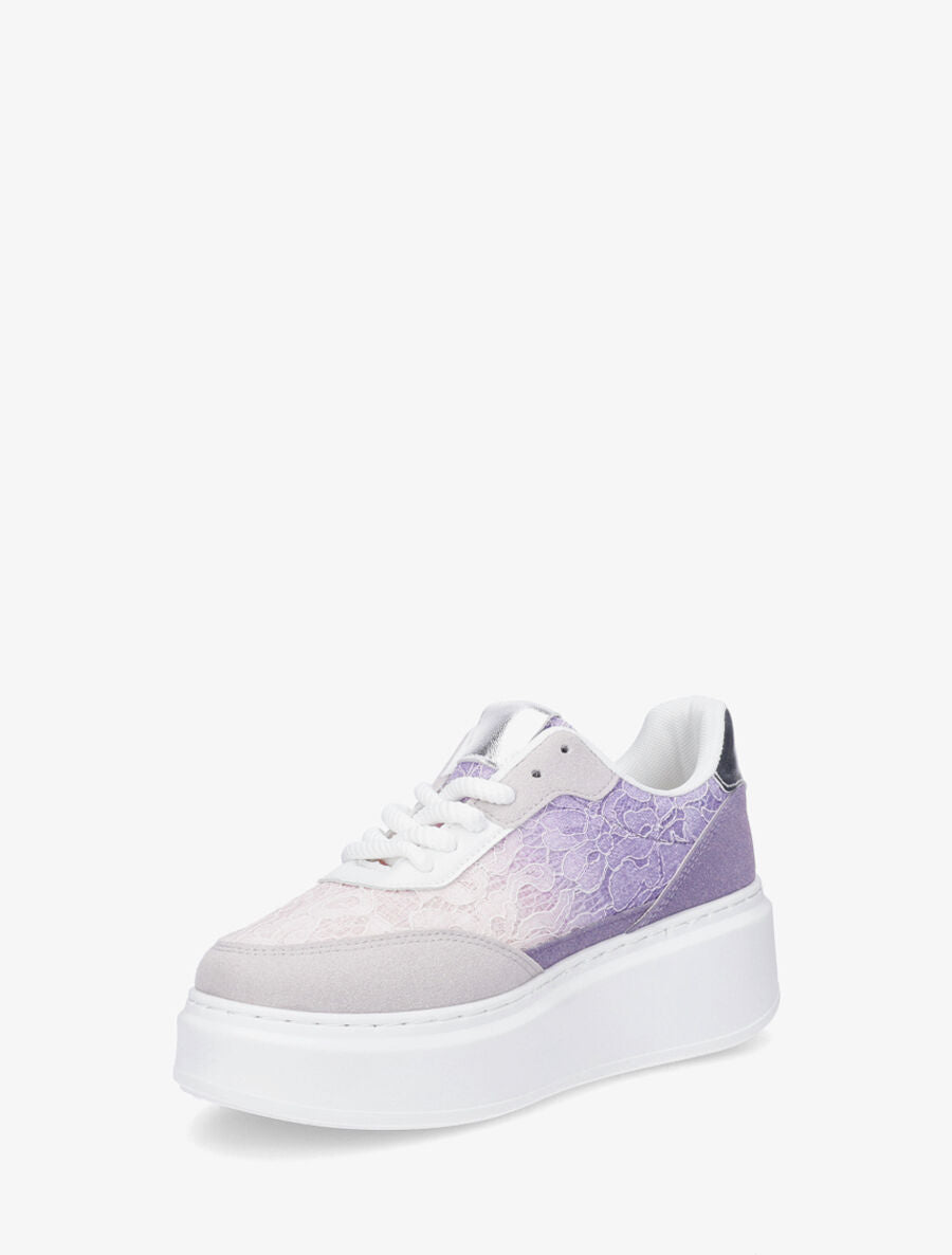 Sneakers en simili à détail dentelle et sequins - Lilas - 3