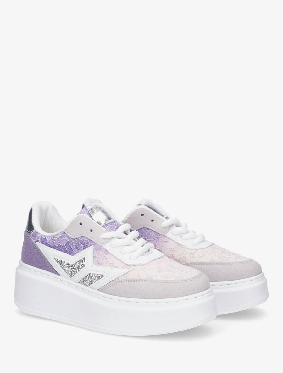 Sneakers en simili à détail dentelle et sequins - Lilas - 4