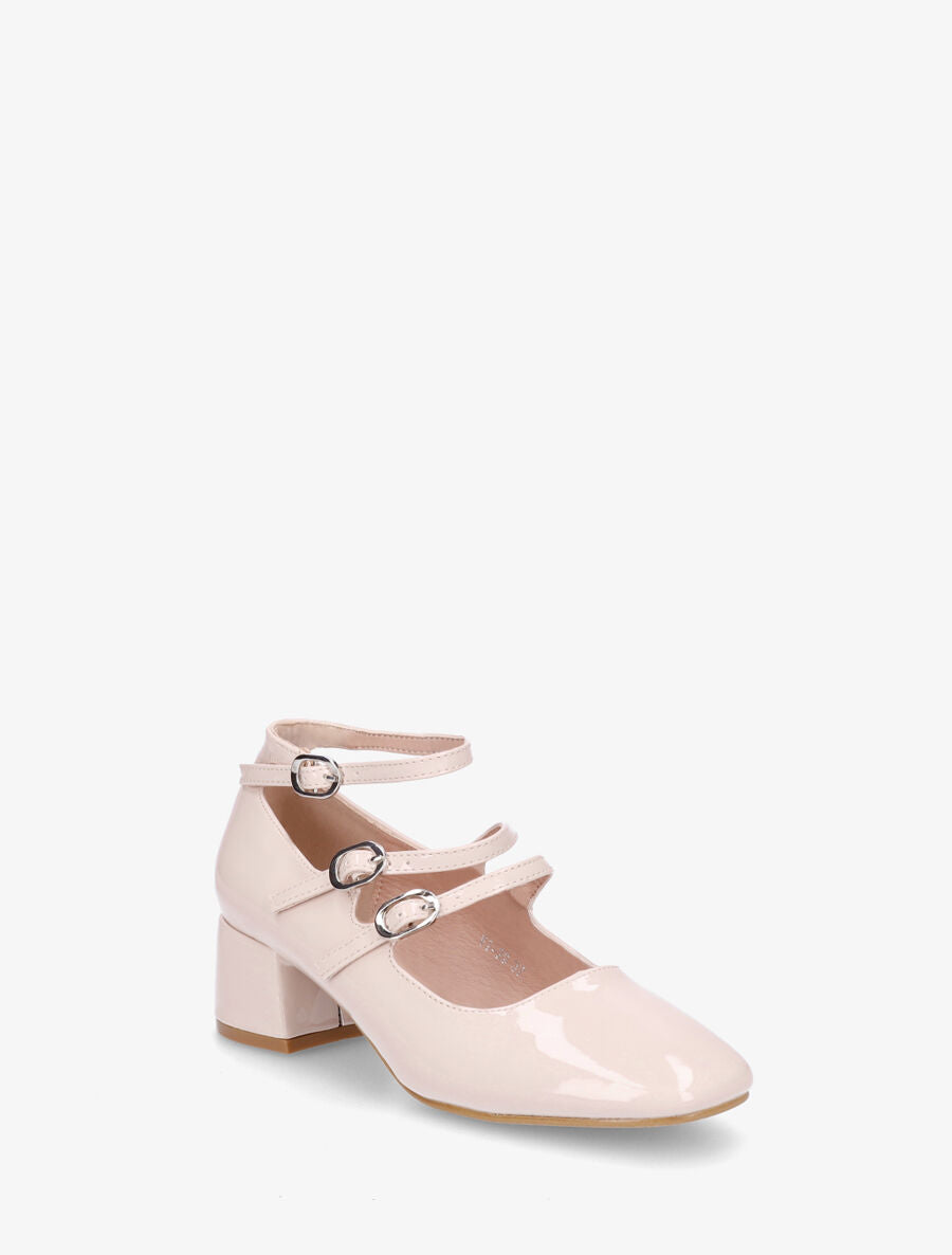 Escarpins vernis à triples brides à boucles - Nude - 2