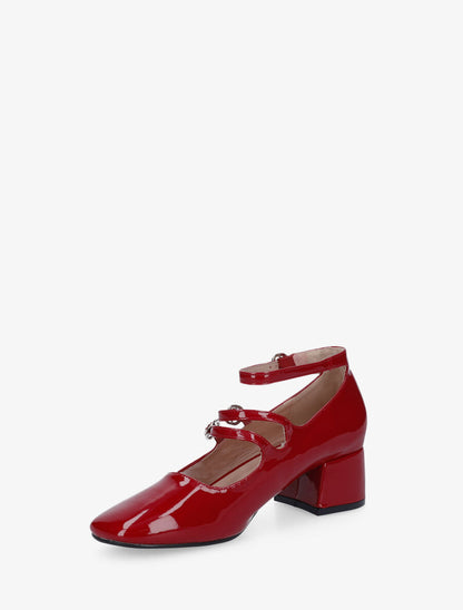 Escarpins vernis à triples brides à boucles - Rouge - 3