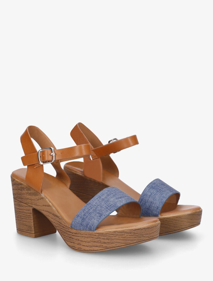 Sandales à talon haut en simili et tissu - Bleu denim - 4