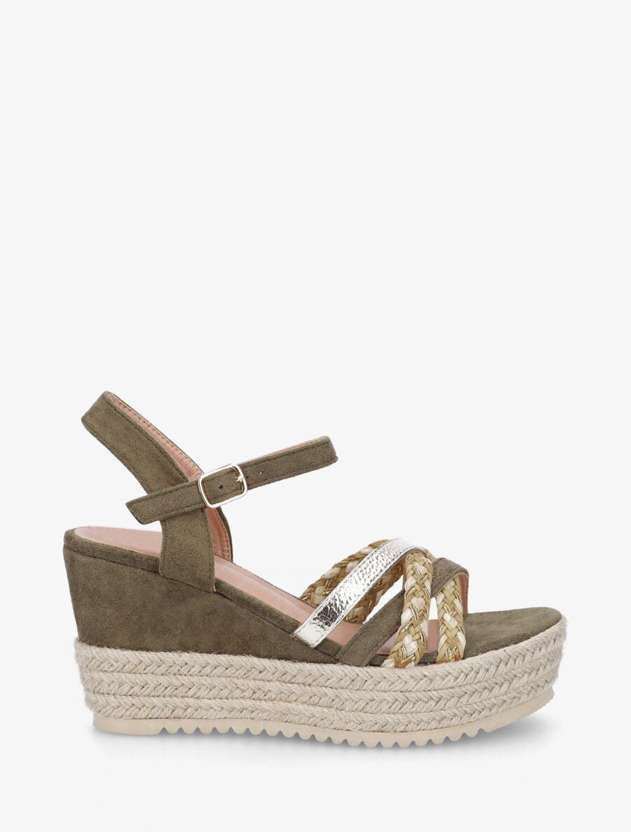 Sandales compensées en suédine et raphia - Kaki - 1