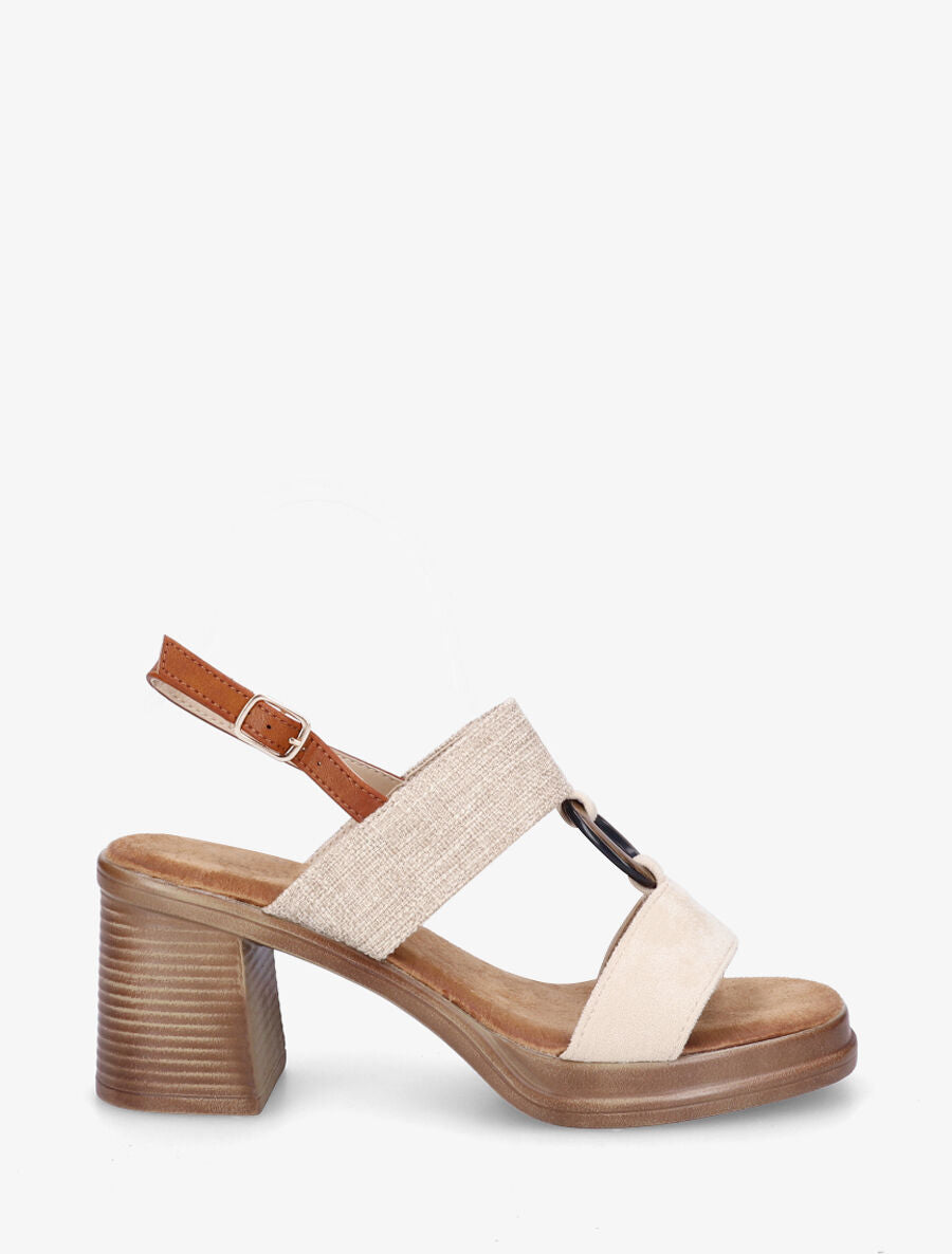 Sandales à talon bimatière à anneau - Beige - 5