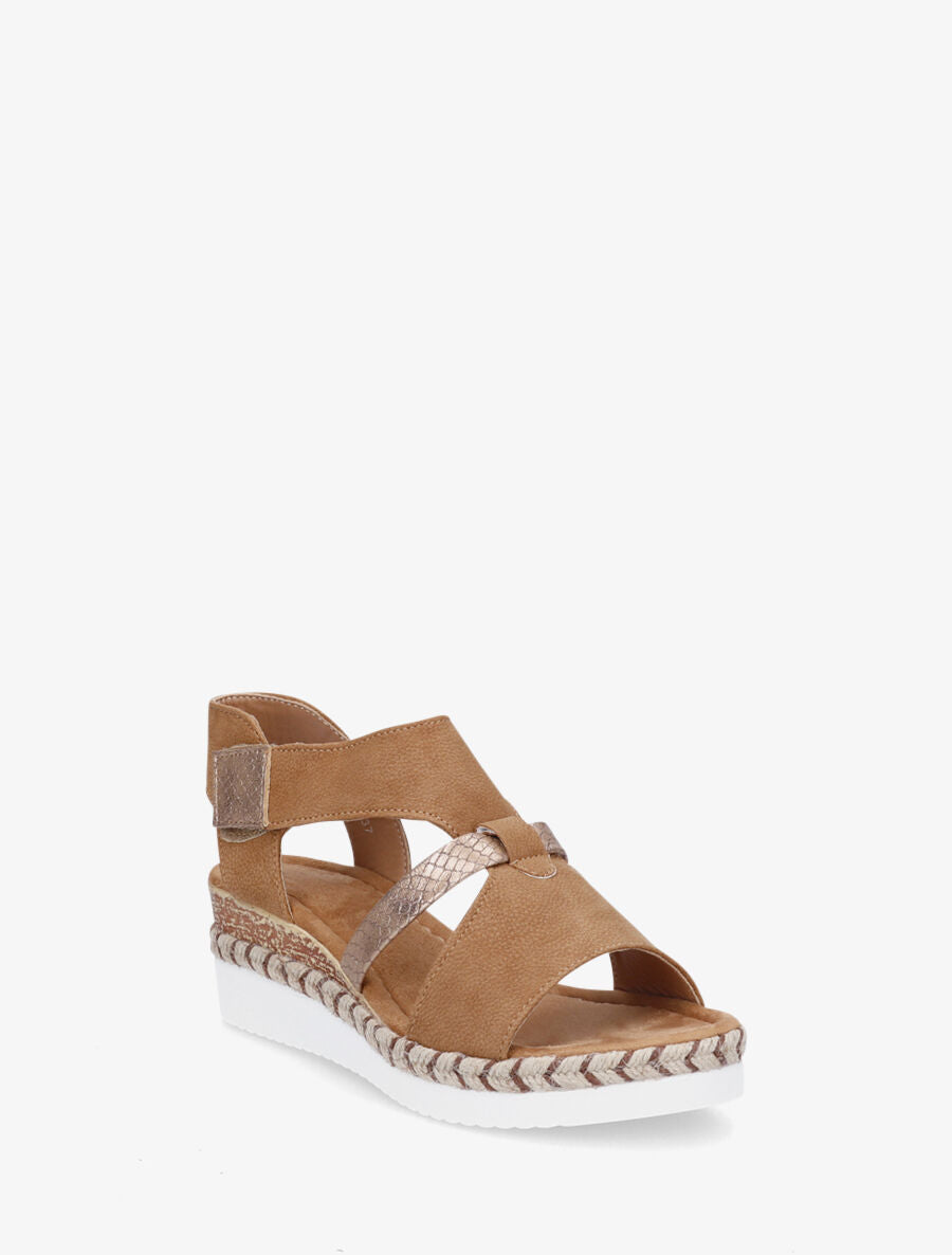 Sandales compensées à scratch et empiècement python - Camel - 2