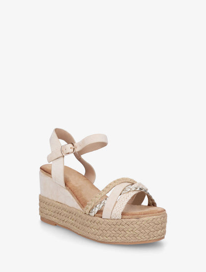 Sandales compensées en raphia et simili tressés - Beige - 2