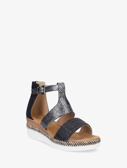 Sandales compensées tressées à bride python - Noir