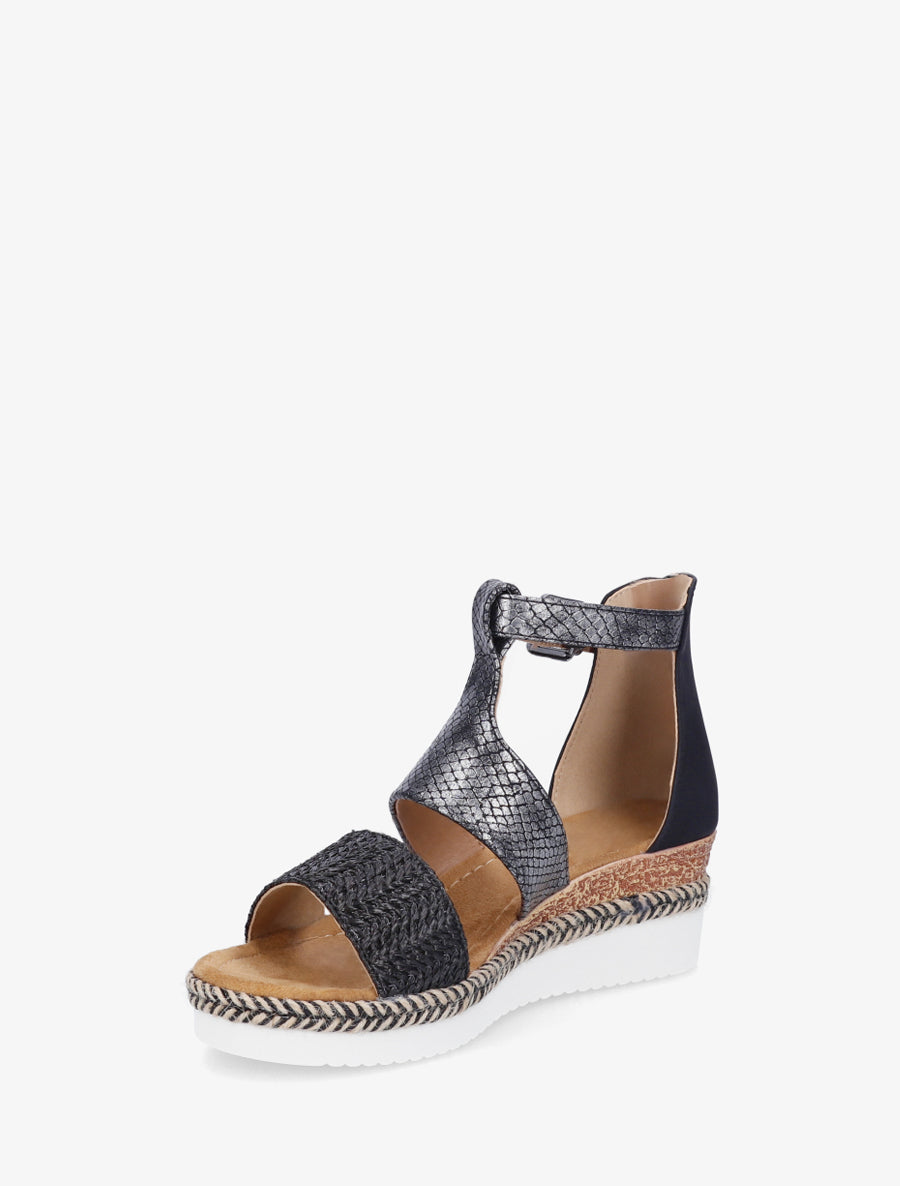 Sandales compensées tressées à bride python - Noir