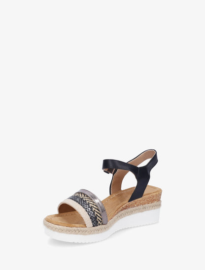 Sandales compensées brides tressées raphia - Noir