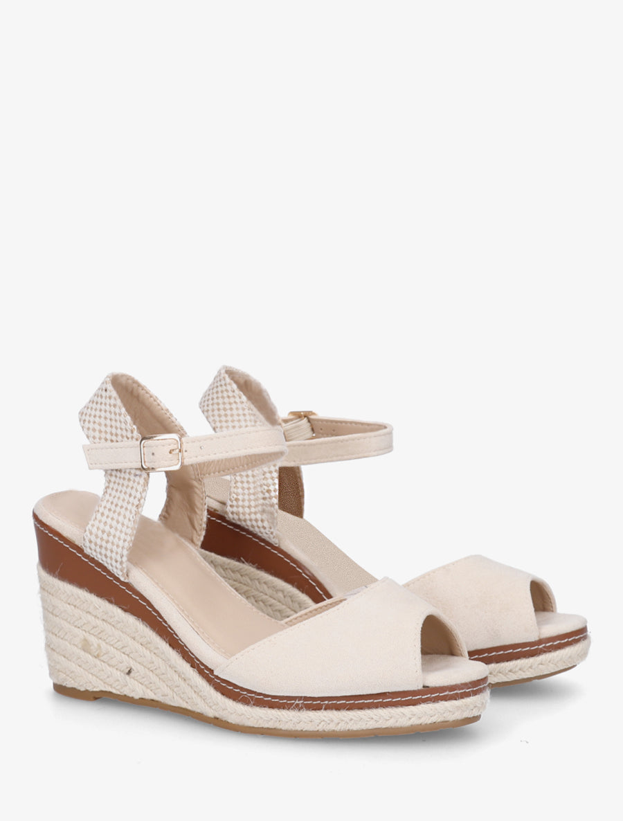 Sandales compensées bride damier - Beige